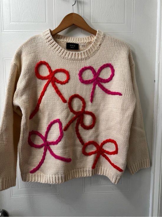 Vici Sweaters - VICI Cream Knit Sweater with Pink & Red Bow Appliqués